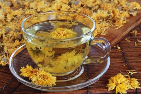 Chrysanthemum Flower Tea in a glass teacup