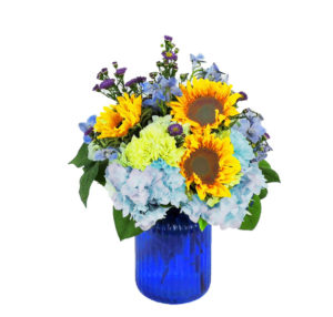 Sunflowers and blue hydrangeas in blue vase. beautiful blue hen bouquet