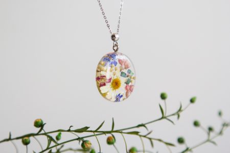 Real flowers in epoxy resin, jewelry - colorful pressed flowers in necklace pendant