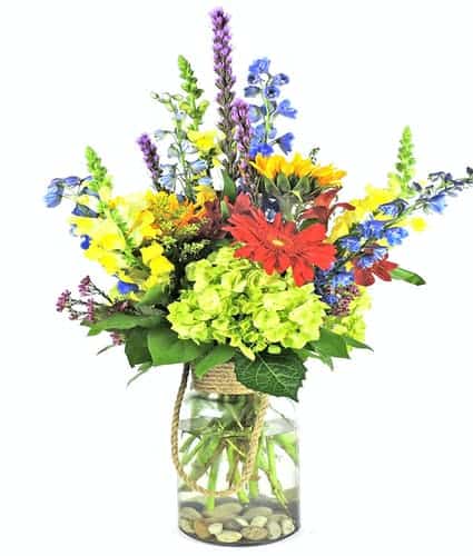A myriad color collection includes sunflowers, gerber daisies, hydrangeas and snapdragons arrives in this unique glass vase with handwoven rope handle accent. Premium size measures 30" tall!